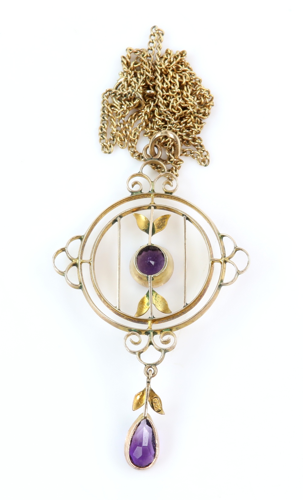 Edwardian amethyst pendant and chain, pendant stamped 9 ct, 5.3 x 2.9cm, curb link chain, testing as - Image 3 of 4