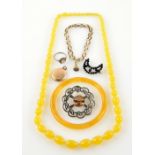 Mixed group of items including a Victorian gold chain, the attached fob with intaglio cut flower,