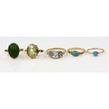 Five rings, one set with green paste, mounted in 14 ct, ring size L, two set with turquoise, sizes K
