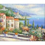 Rossine (), Amalfi Coast, acrylic on canvas, signed lower left, in gilt frame, 49 x 49 cm.