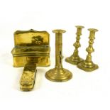 18th century brass tobacco box and other metal ware .