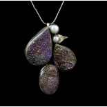 Contemporary silver and purple to pink druzy quatrz and pearl pendant on silver chain, pendant