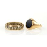 Two rings, 1970's oval onyx signet ring, mounted in 9 ct, size I and white sapphire set eternity