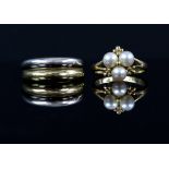 Two gold rings, one pearl cluster ring, set with three cream cultured pearls, ring size L and a