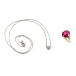 Synthetic ruby ring, mounted in base metal, ring size N and a white sapphire stone necklace, 45 cm