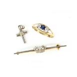 A mixed group of items, including a diamond set naval crown bar brooch, stamped 14 ct and