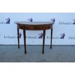 Mahogany side table with two drawers, demi-lune tea table and a mahogany bureau.