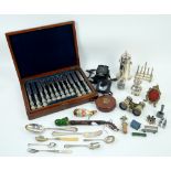 Wooden tray, binoculars, continental porcelain pipe, opera glasses, silver plated and other items.