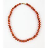 Coral necklace, cylindrical beads, 8mm in diameter, strung with knots, with engraved barrel clasp