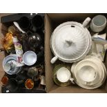 2 BOXES MISCELLANEOUS HOUSEHOLD GLASS AND CHINA WEDGWOOD ETC