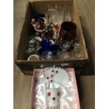 BOX OF POTTERY AND GLASS INCLUDING GOEBEL BARGEWARE MURANO BLUE GLASS