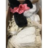 BOX OF VINTAGE AND ANTIQUE LINEN AND LACE AND FUR PIECES