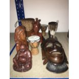 8 PIECES ETHNIC MASK DRUMS CARVINGS ETC