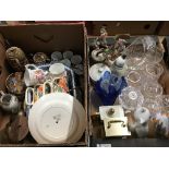 2 BOXES OF POTTRY AND GLASS INCLUDING CUT GLASS BASKET GOUDA JUG ETC