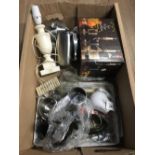 BOX OF MISCELLANEOUS INCLUDING OLD HALL STAINLESS STEEL WEDGWOOD GLASS ELEPHANT ETC