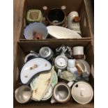 2 BOXES OF MISCELLANEOUS POTTERY INCLUDING CZECH DOULTON HOT WATER GOOFUS GLASS ETC