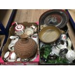 2 BOXES OF MISCELLANEOUS POTTERY PORCELAIN AND GLASS INCLUDING TABLEWARE AND CHROME CANDLESTICKS