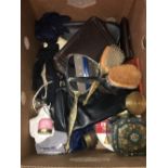 BOX OF MISCELLANEOUS DRESSING TABLE ITEMS TINS BUTTONS HANDBAGS