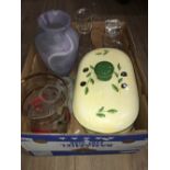 BOX OF GLASSWARE POTTERY BREAD BIN ETC