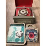 VINTAGE RECORD PLAYER WITH SINGLES AND MAGAZINES