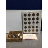 BOX OF UK PRE DECIMAL AND OTHER COINS AND FOLDER OF PENNIES OF GREAT BRITAIN