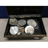 TIN CASH BOX CONTAINING VARIOUS COINS INCLUDING CROWNS