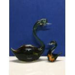 LARGE AND SMALL DOUBLE SOMERSO MURANO DUCK FIGURINES GREEN AND AMBER