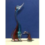 LARGE AND SMALL DOUBLE SOMERSO MURANO DUCK FIGURINES BLUE AND RED