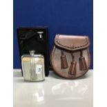 C R MACKINTOSH HIP FLASK AND FUNNEL AND LEATHER SPORRAN