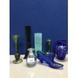 SELECTION OF ART GLASS INCLUDING SILVER OVERLAY ITALIAN GOZO ETC