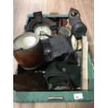 A BOX LOT OF ASSORTED GOODS INCLUDING WALL CLOCK A GAS MASK ETC