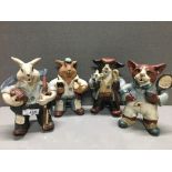 4X POTTERY FIGURES OF ANIMALS DRESSED AS SHEPHERD AND CRICKETER AND 2 MORE SIGNED