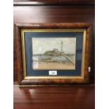 OLD WATER COLOUR ST MARYS ISLAND LIGHTHOUSE WHITLEY BAY IN GOOD VINTAGE WALNUT FRAME 20CMX15CM