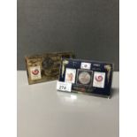 2 STANDING 1988 OLYMPIC PLAQUES WITH COINS AND STAMPS