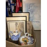 1 BOX OF TEA POTS PRINTS ETC