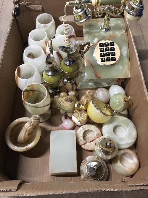 A BOX OF VINTAGE ONYX INCLUDING TELEPHONE