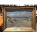 OIL ON CANVAS BEACH SCENE WITH HUTS SIGNED H W GRIMES?