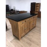 FANTASTIC SOLID OAK KITCHEN ISLAND UNIT WITH 2 DRAWERS AND 4 DOORS WITH 2 BLACK AND WHITE STOOLS
