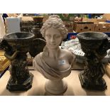 PAIR OF CHERUB VASES AND CLASSIC BUST