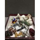 TRAY OF CRESTED WARE LAMPWORK GLASS ANIMALS WADE BRONZE OWL ETC