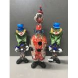 2 MURANO CLOWN MUSICIANS AND A MURANO DECANTER