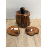 LOVELY CARVED WOOD BOTTLE STAND AND 2 COASTERS