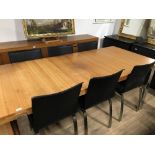 MODERN DRAW LEAF DINING TABLE ON CHROME LEGS 2M30CM CLOSED WITH 6 BLACK LEATHER WORN CHAIRS