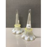 PAIR OF FRILLED VASELINE GLASS TRUMPET VASES