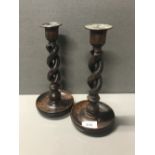 PAIR OF OPEN BARLEY TWIST OAK CANDLESTICKS