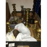 A BOX OF LATE VICTORIAN BRASS CANDLESTICKS