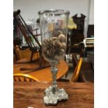 VERY LARGE GLASS CHALICE STYLE VASE WITH HEAVY SILVER PLATED BASE AND RIM