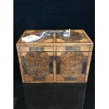 19THC 2 SECTION TEA CADDY WITH BOXWOOD STRINGING HAREWOOD AND AMBOYNA PANELS WITH KEY 18.