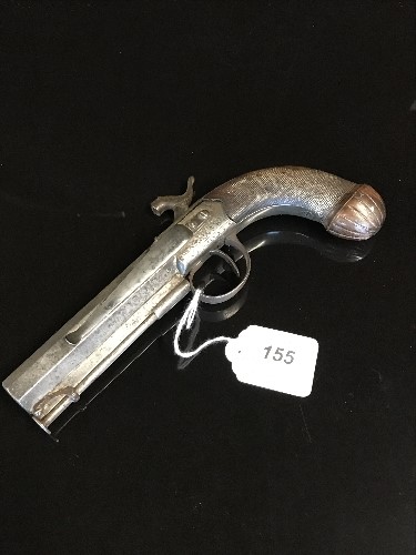 19THC PISTOL WITH CARVED WALNUT HANDLE ENGRAVED SCROLLWORK WITH CARTWRIGHT NORWHICH ON TOP OF