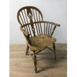 19THC WINDSOR ARMCHAIR WITH H T STRETCHED AND LATER IRON FIXINGS